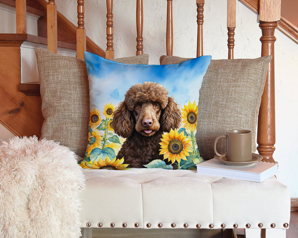 Chocolate Poodle in Sunflowers Decorative Throw Pillow 14x14 Indoor Outdoor Accent Cushion, Fabric Cover with Insert for Sofa, Bed, Porch & Living Room