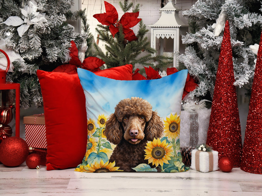 Chocolate Poodle in Sunflowers Decorative Throw Pillow 14x14 Indoor Outdoor Accent Cushion, Fabric Cover with Insert for Sofa, Bed, Porch & Living Room