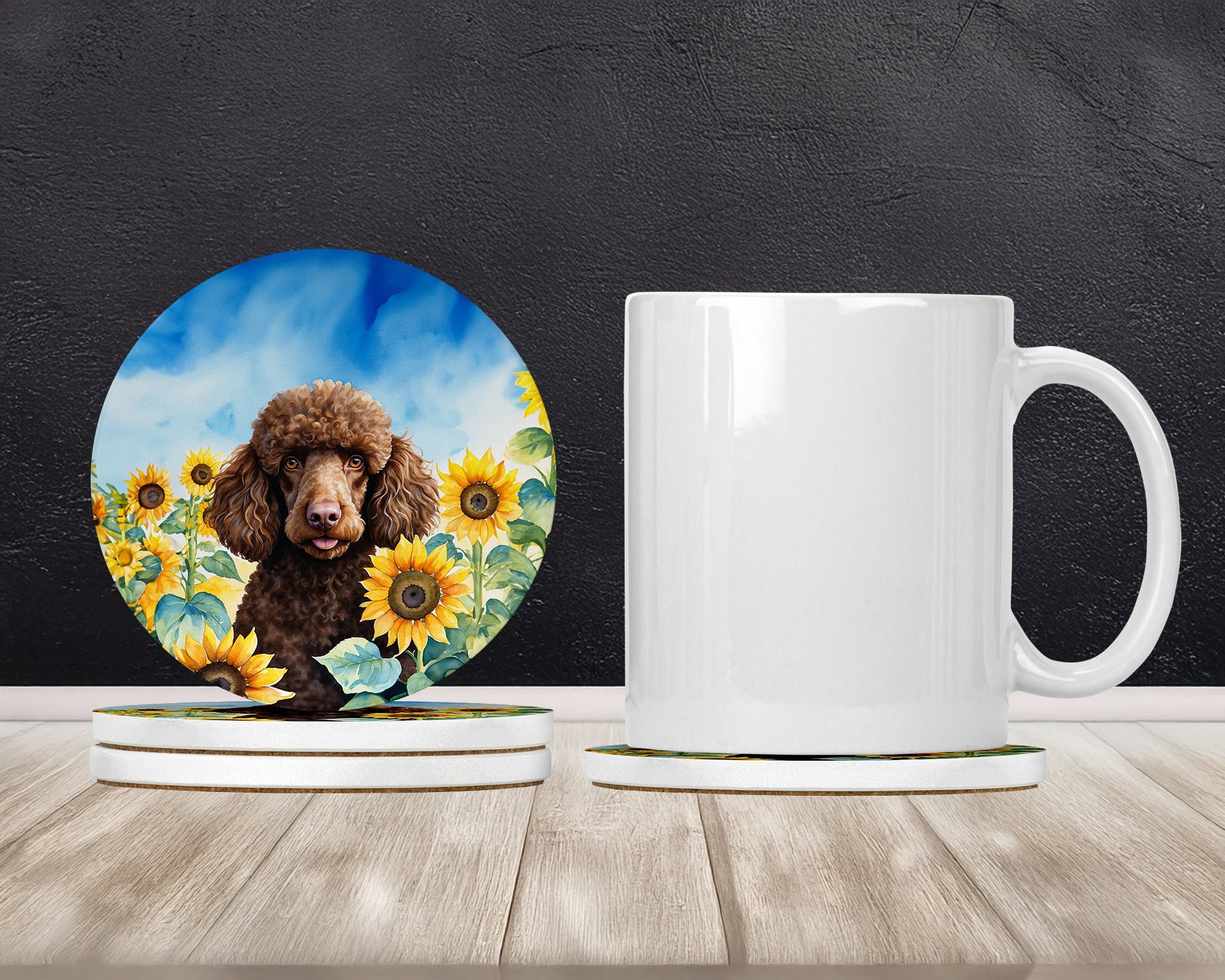 Chocolate Poodle in Sunflowers Large Sandstone Coasters Pack of 4 Absorbent Round Coasters Decor Gifts for Men or Women, 4 in, Multicolor