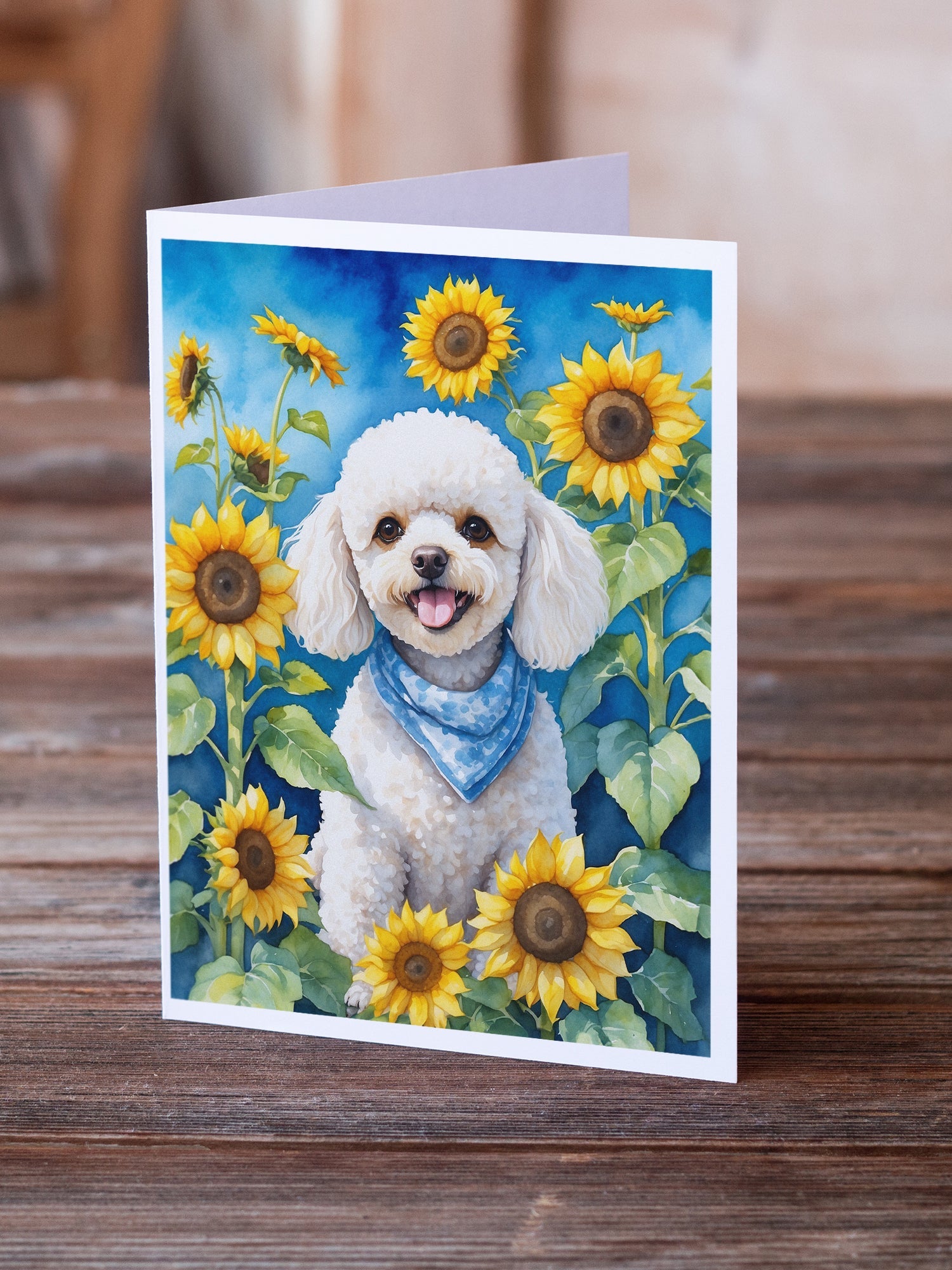 White Poodle in Sunflowers Greeting Cards Pack of 8 Blank Cards with Envelopes Whimsical A7 Size 5x7