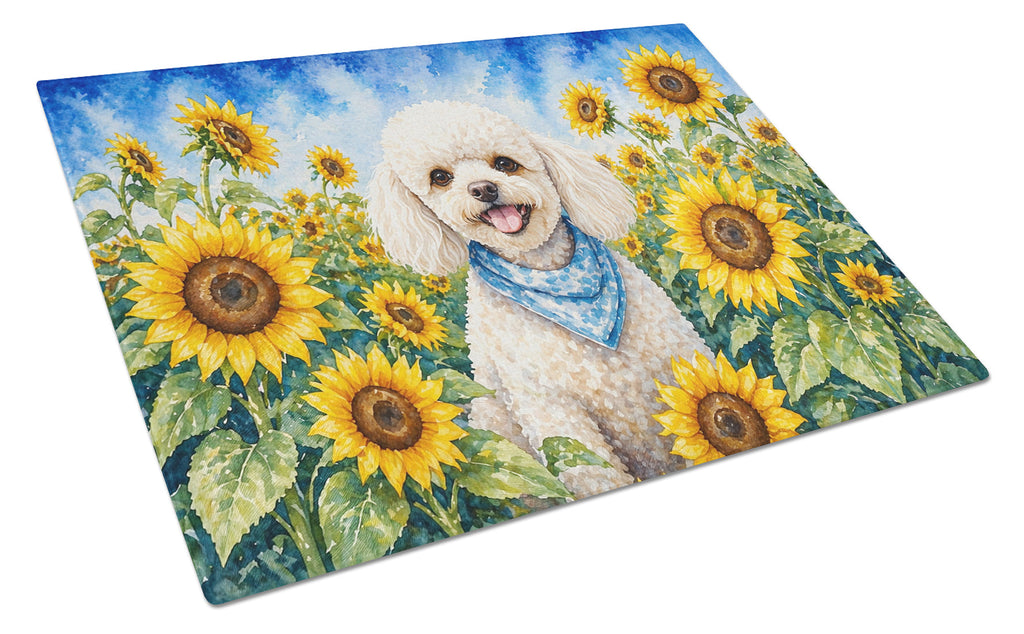 White Poodle in Sunflowers Cutting Board Tempered Glass Kitchen Cutting Surface, Heat Resistant Chopping Board with Non-Slip Feet, Decorative Food Prep & Serving