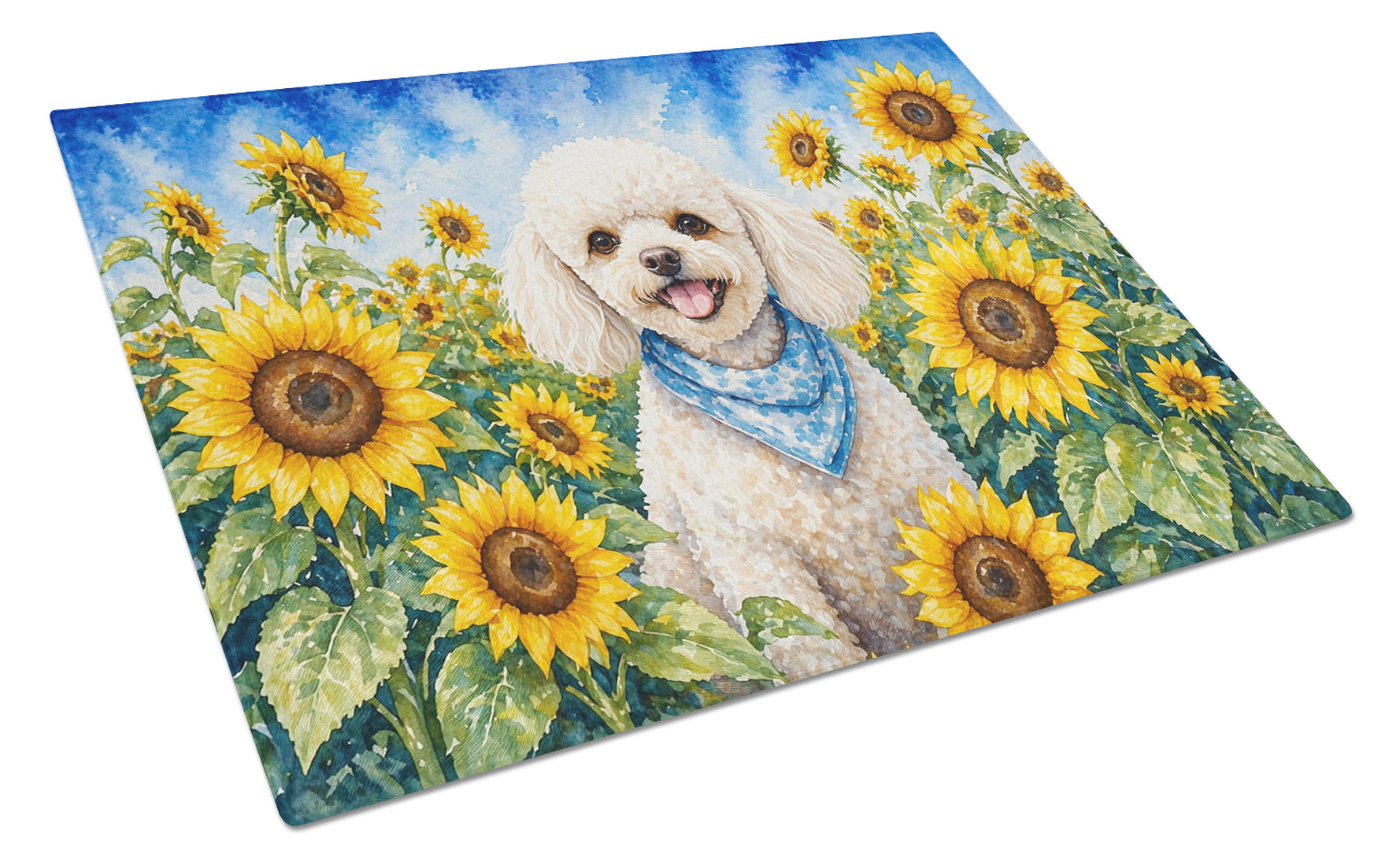 White Poodle in Sunflowers Cutting Board Tempered Glass Kitchen Cutting Surface, Heat Resistant Chopping Board with Non-Slip Feet, Decorative Food Prep & Serving