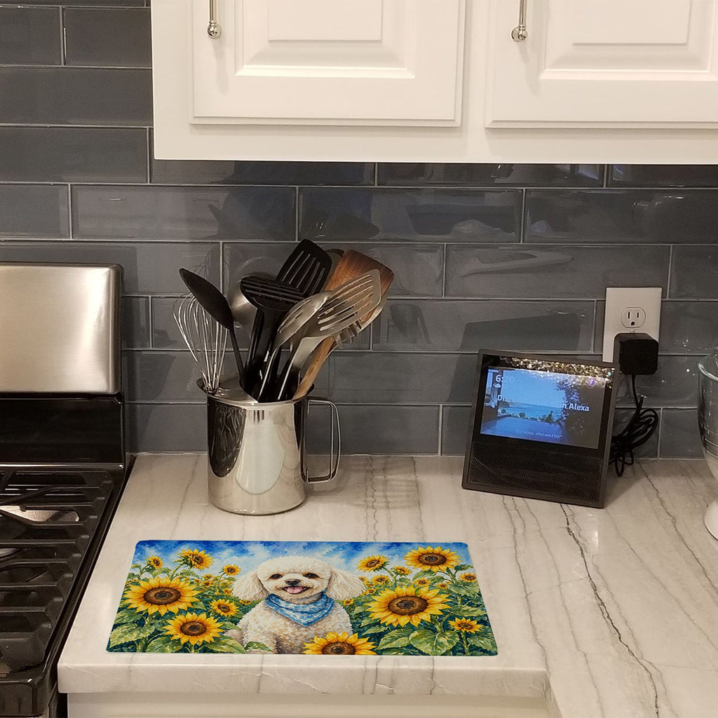 White Poodle in Sunflowers Cutting Board Tempered Glass Kitchen Cutting Surface, Heat Resistant Chopping Board with Non-Slip Feet, Decorative Food Prep & Serving