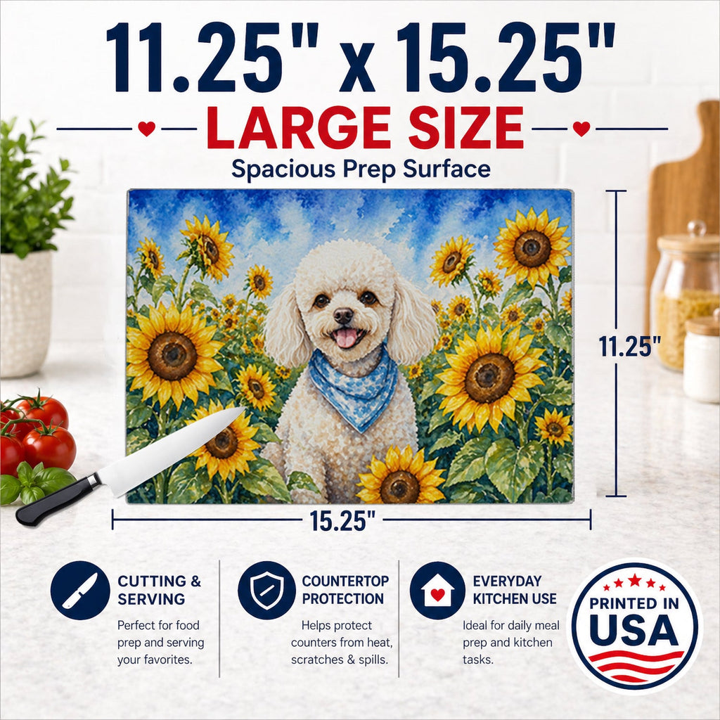 White Poodle in Sunflowers Cutting Board Tempered Glass Kitchen Cutting Surface, Heat Resistant Chopping Board with Non-Slip Feet, Decorative Food Prep & Serving