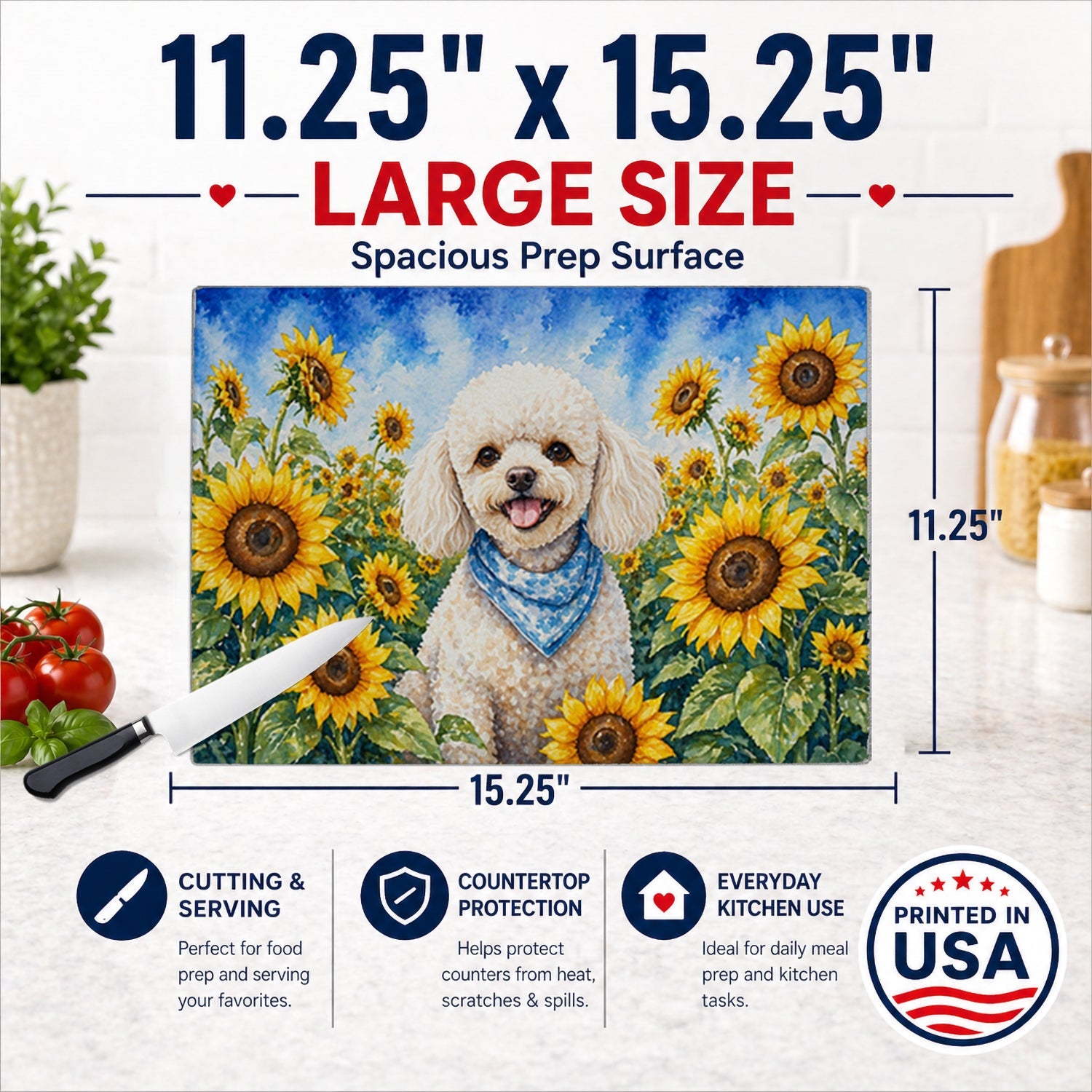 White Poodle in Sunflowers Cutting Board Tempered Glass Kitchen Cutting Surface, Heat Resistant Chopping Board with Non-Slip Feet, Decorative Food Prep & Serving
