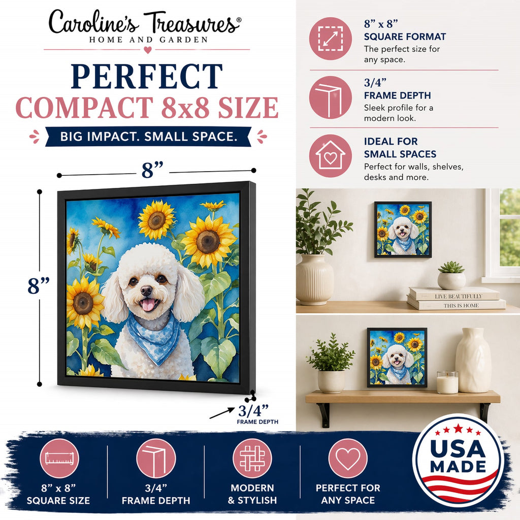 White Poodle in Sunflowers Framed Metal Print Bathroom, Kitchen, Office, Home Decor Wall Art Ready to Hang, Square, 8X8
