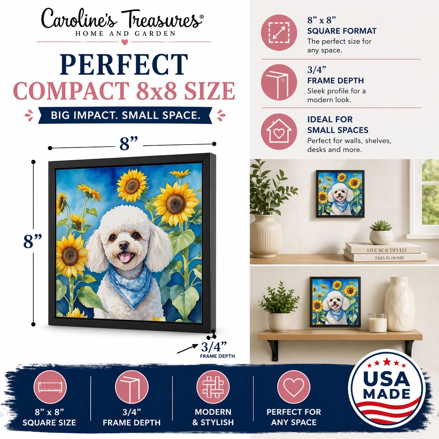 White Poodle in Sunflowers Framed Metal Print Bathroom, Kitchen, Office, Home Decor Wall Art Ready to Hang, Square, 8X8