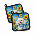 White Poodle in Sunflowers Pot Holder Set of 2 Heat Resistant Quilted Hot Pads 7.5 x 7.5 Inch, Insulated Kitchen Trivets for Cooking & Baking