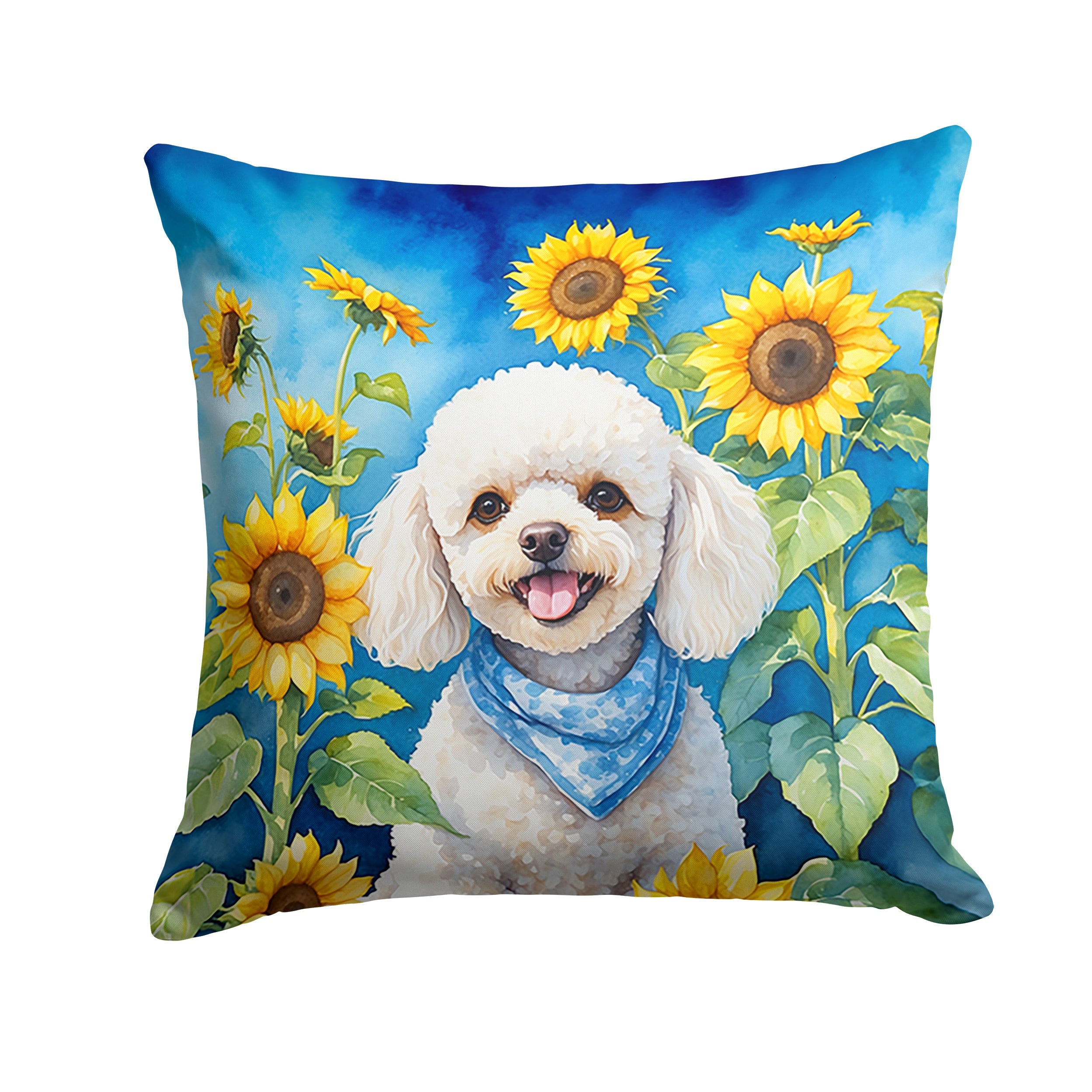 White Poodle in Sunflowers Decorative Throw Pillow 14x14 Indoor Outdoor Accent Cushion, Fabric Cover with Insert for Sofa, Bed, Porch & Living Room