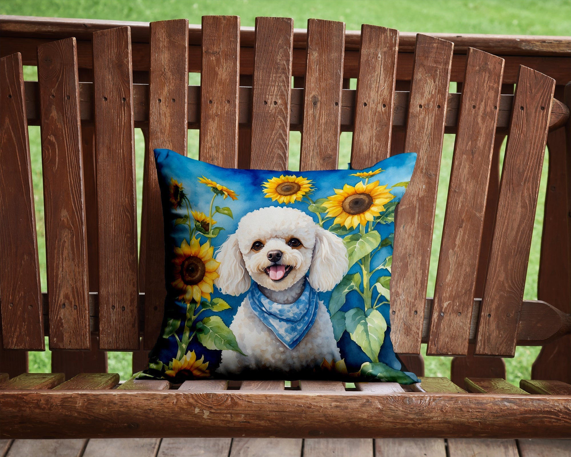 White Poodle in Sunflowers Decorative Throw Pillow 14x14 Indoor Outdoor Accent Cushion, Fabric Cover with Insert for Sofa, Bed, Porch & Living Room