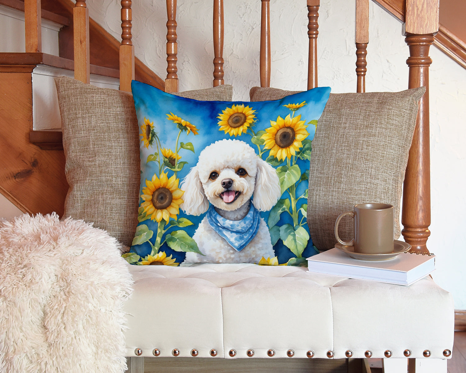 White Poodle in Sunflowers Decorative Throw Pillow 14x14 Indoor Outdoor Accent Cushion, Fabric Cover with Insert for Sofa, Bed, Porch & Living Room