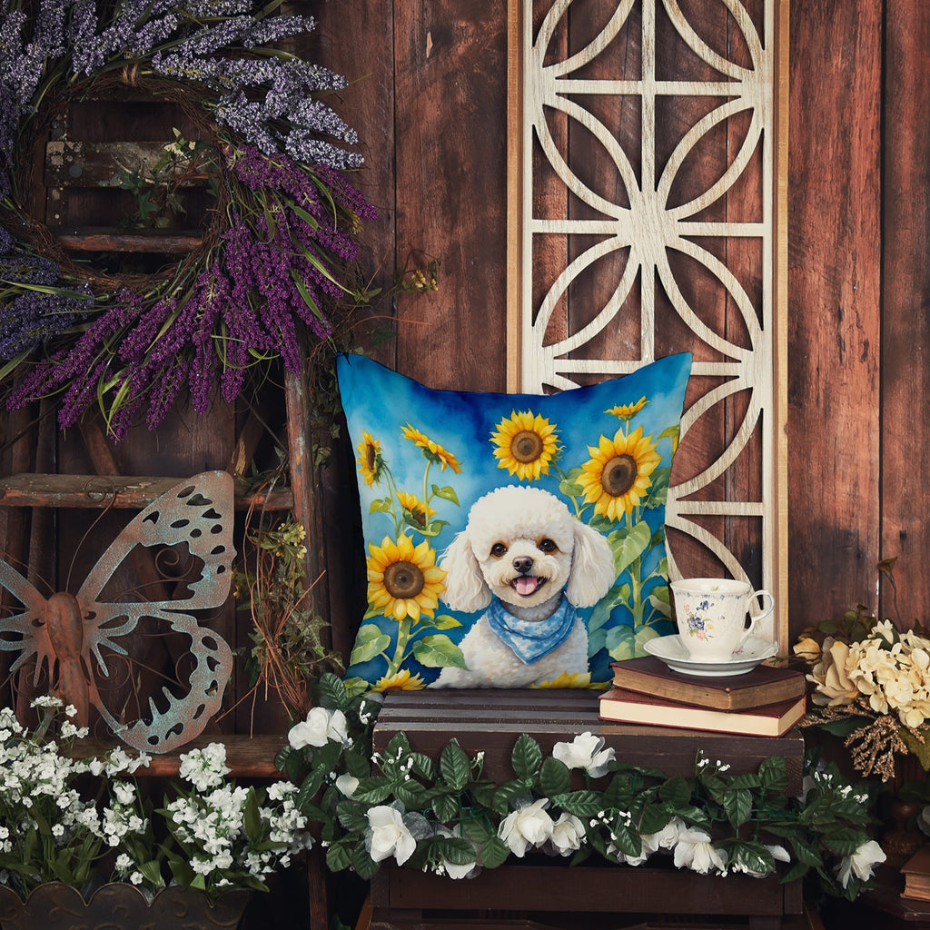 White Poodle in Sunflowers Decorative Throw Pillow 14x14 Indoor Outdoor Accent Cushion, Fabric Cover with Insert for Sofa, Bed, Porch & Living Room