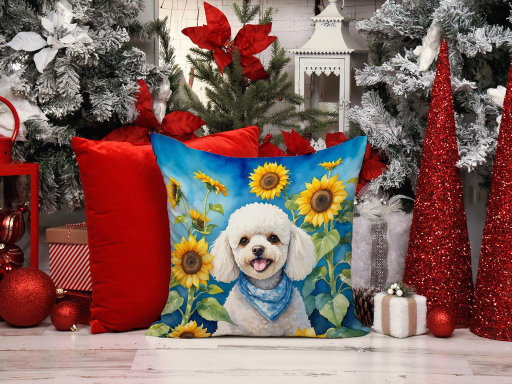 White Poodle in Sunflowers Decorative Throw Pillow 14x14 Indoor Outdoor Accent Cushion, Fabric Cover with Insert for Sofa, Bed, Porch & Living Room