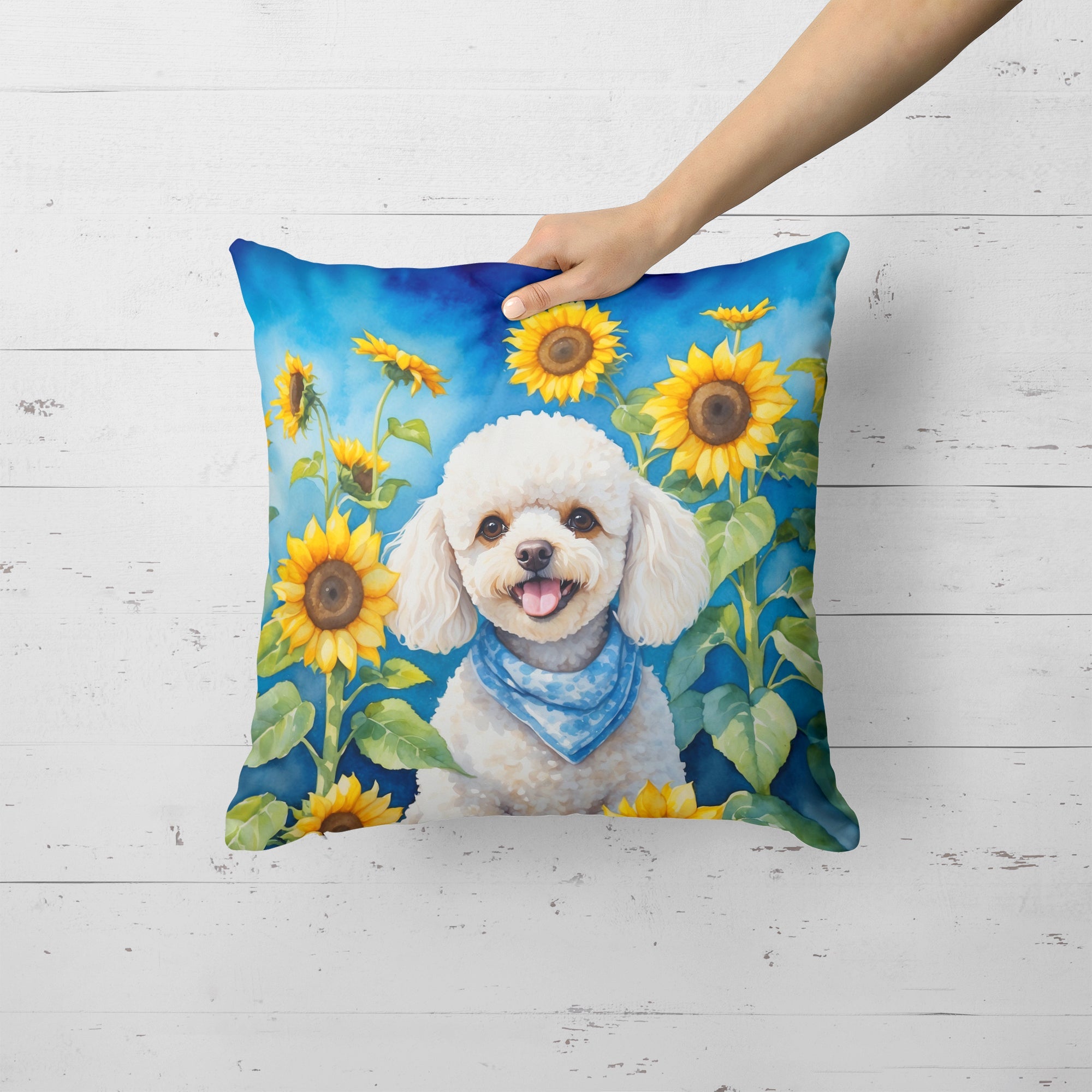 White Poodle in Sunflowers Decorative Throw Pillow 18x18 Indoor Outdoor Accent Cushion, Fabric Cover with Insert for Sofa, Bed, Porch & Living Room