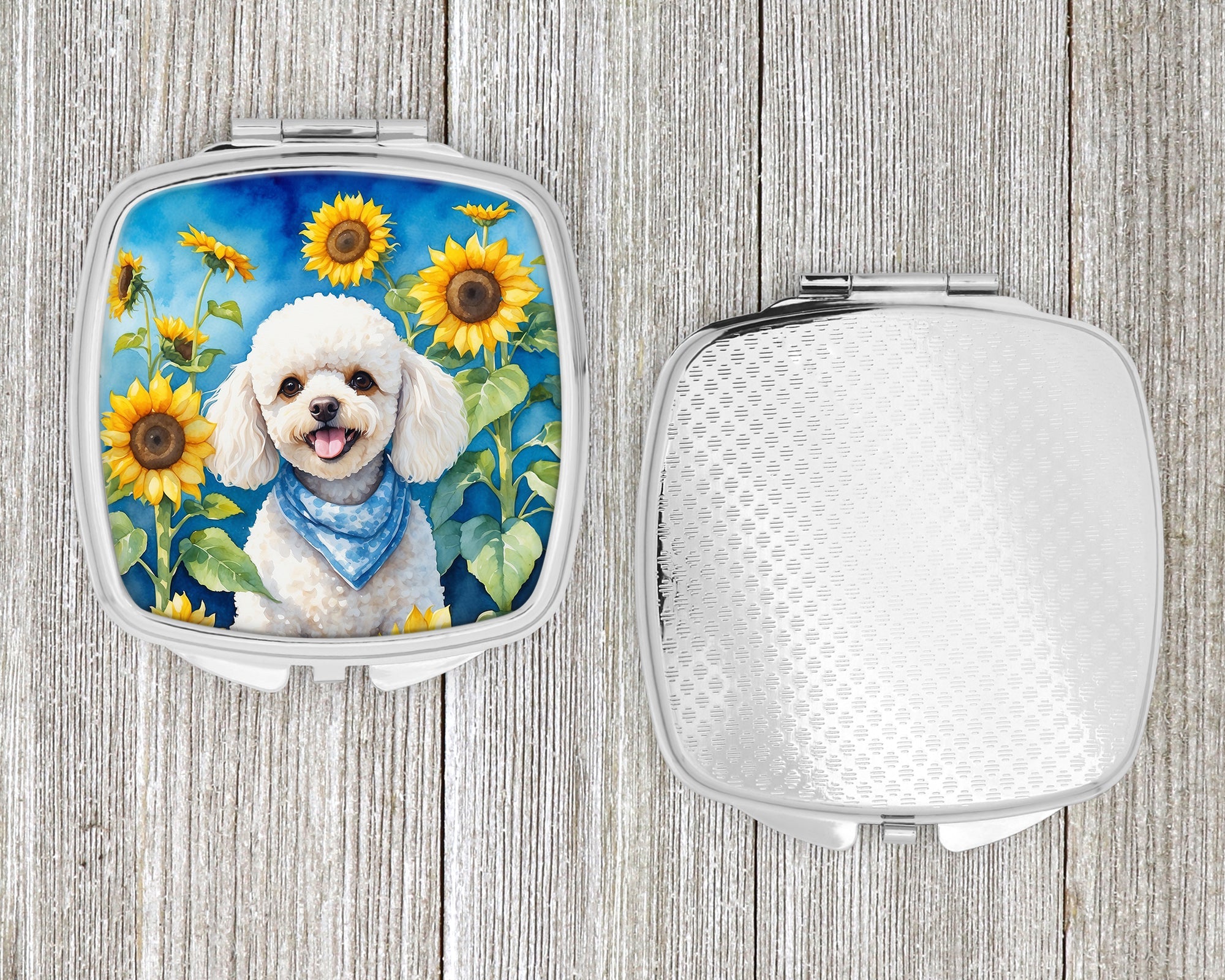 White Poodle in Sunflowers Compact Mirror Decorative Travel Makeup Mirror for Women Girls Gifts Pocket Makeup Mirror Folding Handheld
