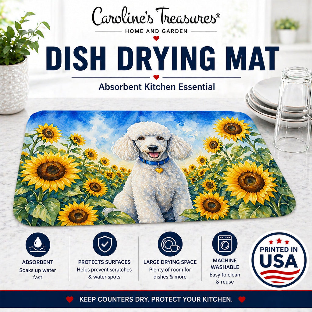 White Poodle in Sunflowers Dish Drying Mat Absorbent Dish Drying Mat Pad for Kitchen Counter Dish Drainer Mat for Countertop, 14 x 21", Multicolor
