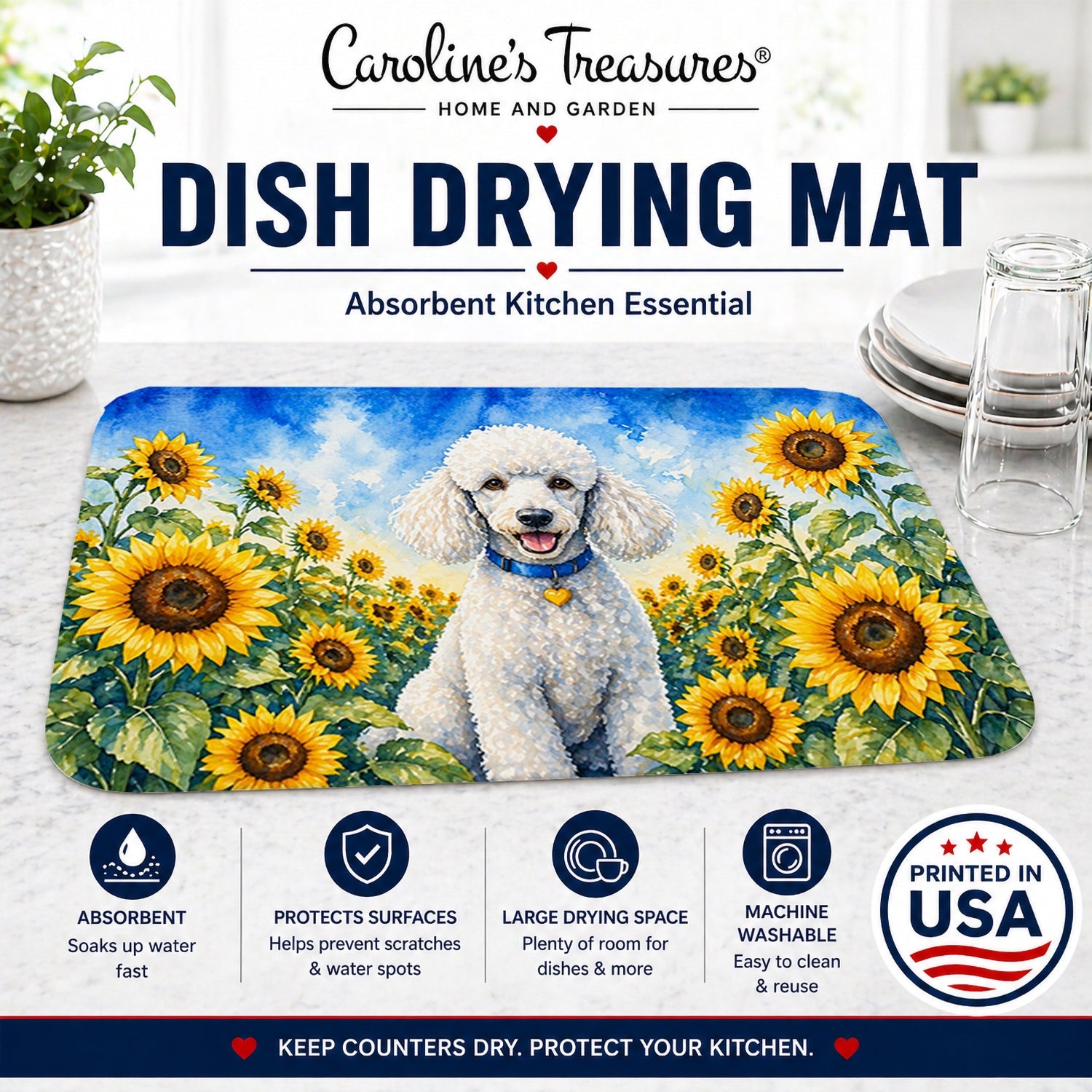 White Poodle in Sunflowers Dish Drying Mat Absorbent Dish Drying Mat Pad for Kitchen Counter Dish Drainer Mat for Countertop, 14 x 21", Multicolor