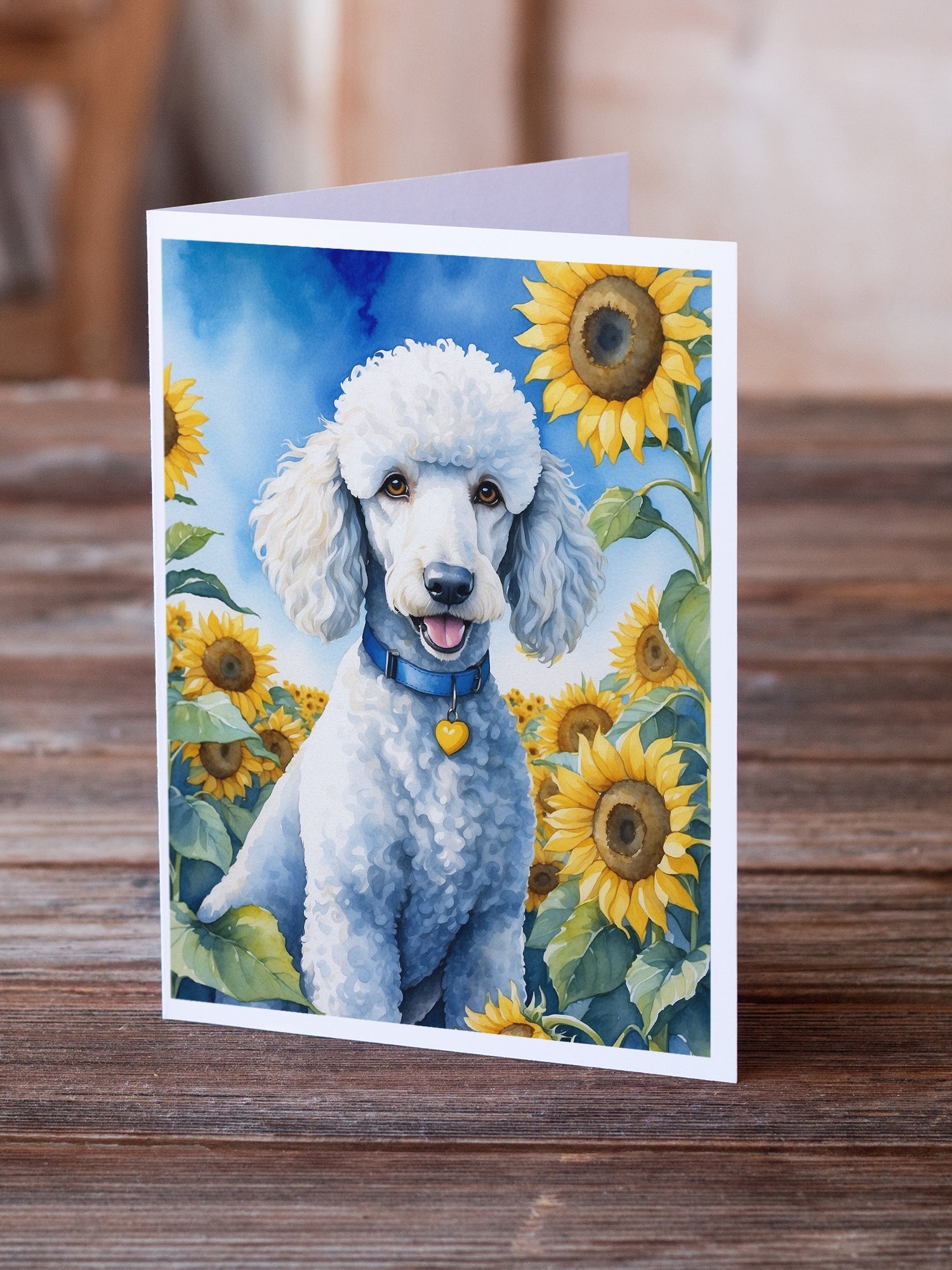 White Poodle in Sunflowers Greeting Cards Pack of 8 Blank Cards with Envelopes Whimsical A7 Size 5x7