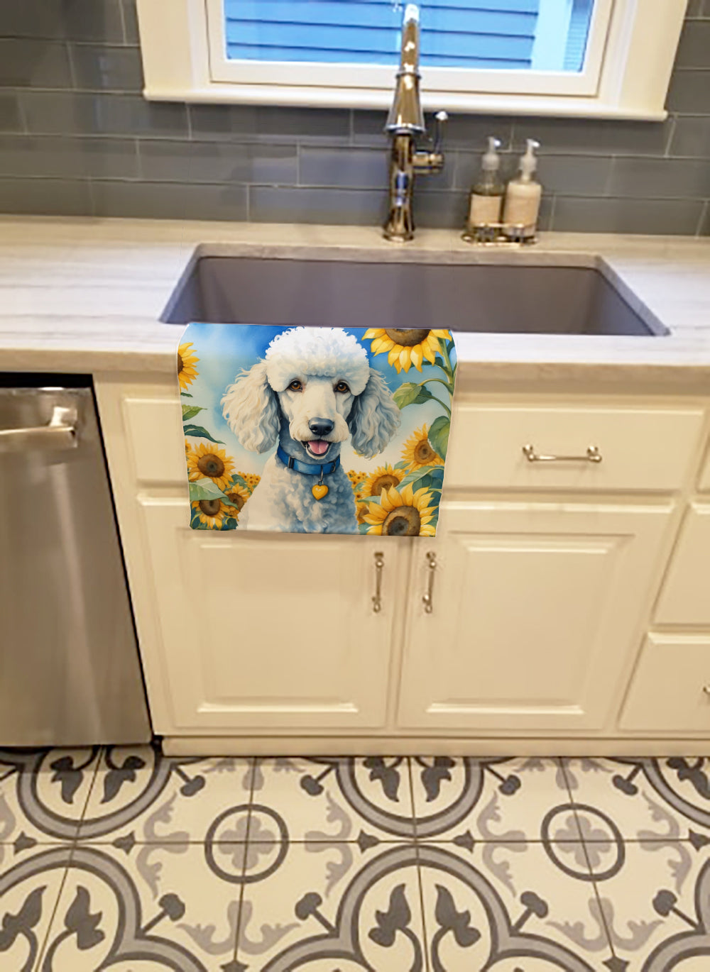 White Poodle in Sunflowers Kitchen Towel Velour Plush Front and Cotton Loop Back Machine Washable