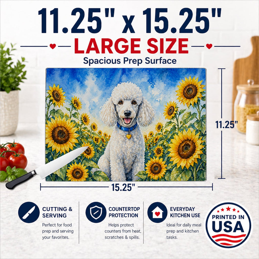 White Poodle in Sunflowers Cutting Board Tempered Glass Kitchen Cutting Surface, Heat Resistant Chopping Board with Non-Slip Feet, Decorative Food Prep & Serving