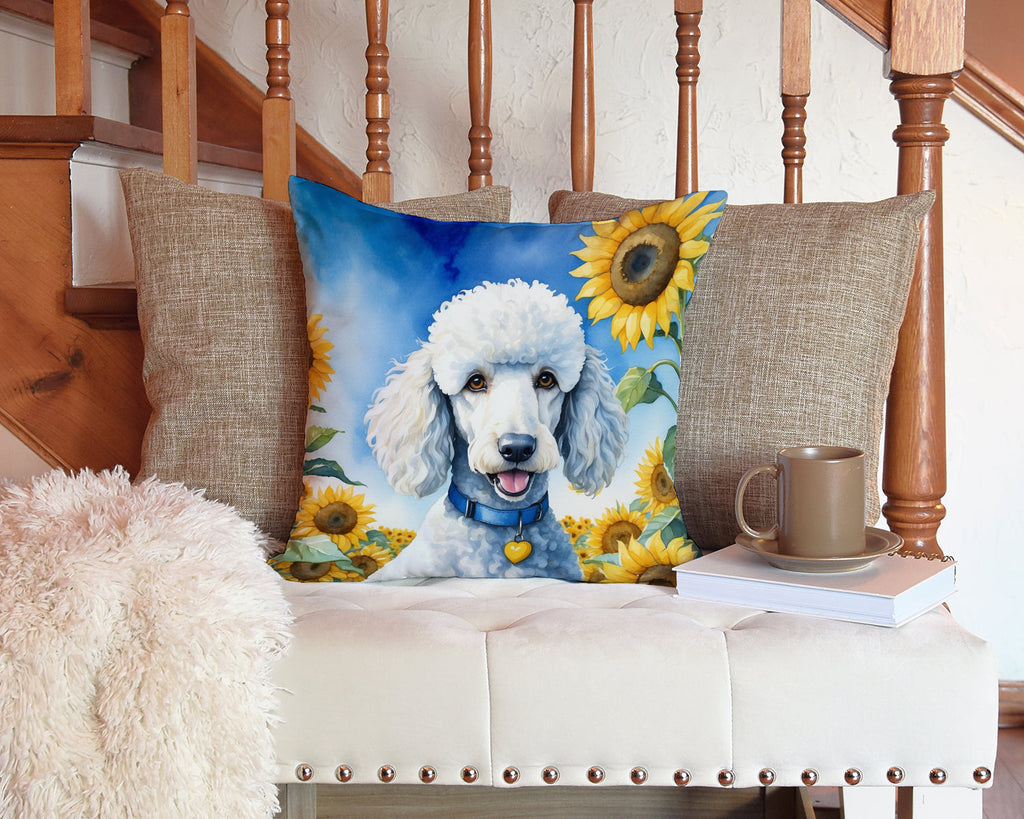 White Poodle in Sunflowers Decorative Throw Pillow 14x14 Indoor Outdoor Accent Cushion, Fabric Cover with Insert for Sofa, Bed, Porch & Living Room