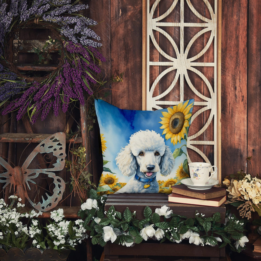White Poodle in Sunflowers Decorative Throw Pillow 18x18 Indoor Outdoor Accent Cushion, Fabric Cover with Insert for Sofa, Bed, Porch & Living Room