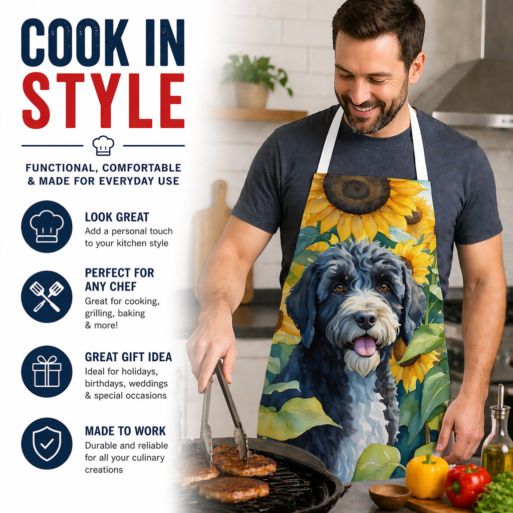 Portuguese Water Dog in Sunflowers Apron Cooking Kitchen Server Baking Crafts Gardening for Adult Women Men, Unisex, Large, Multicolor
