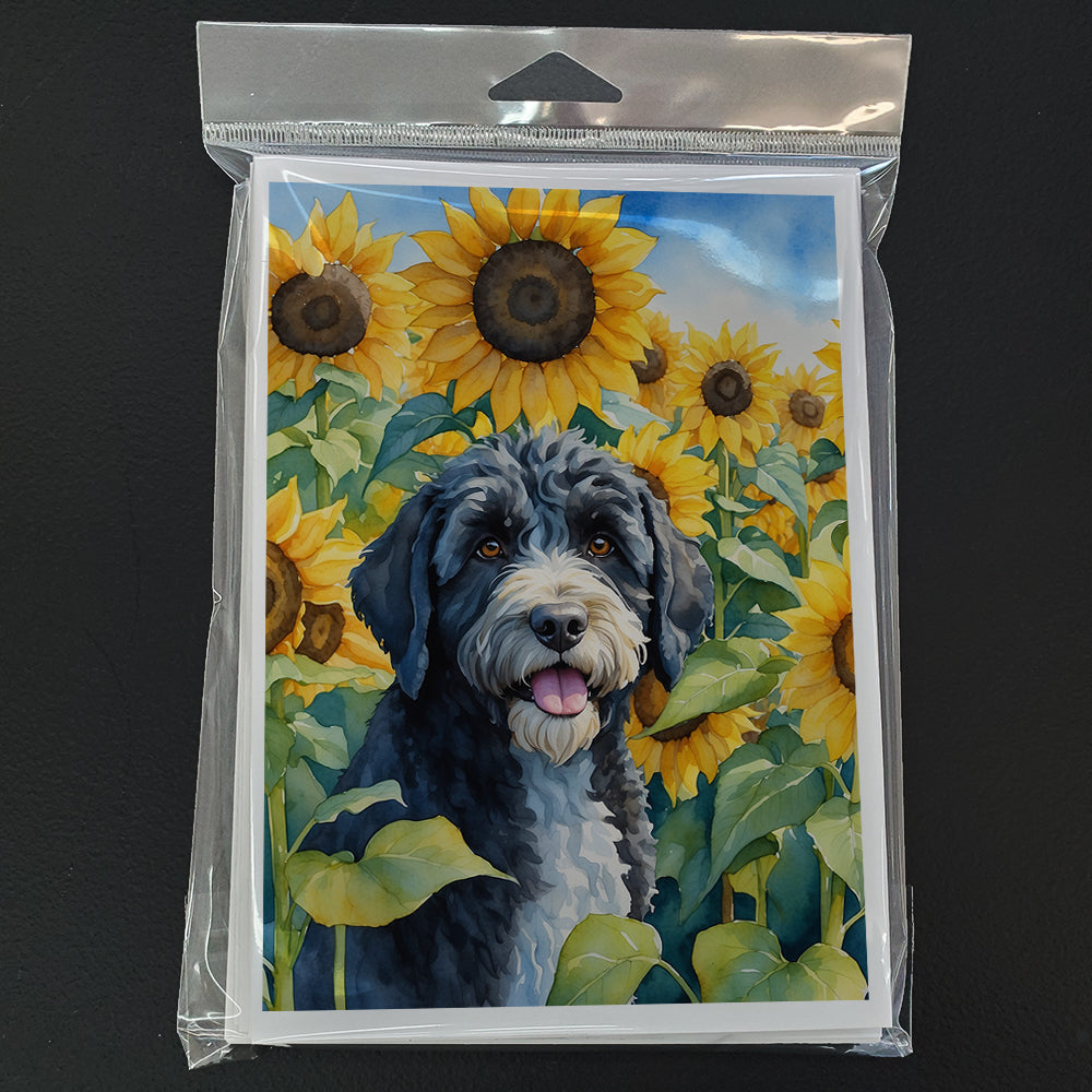 Portuguese Water Dog in Sunflowers Greeting Cards Pack of 8 Blank Cards with Envelopes Whimsical A7 Size 5x7