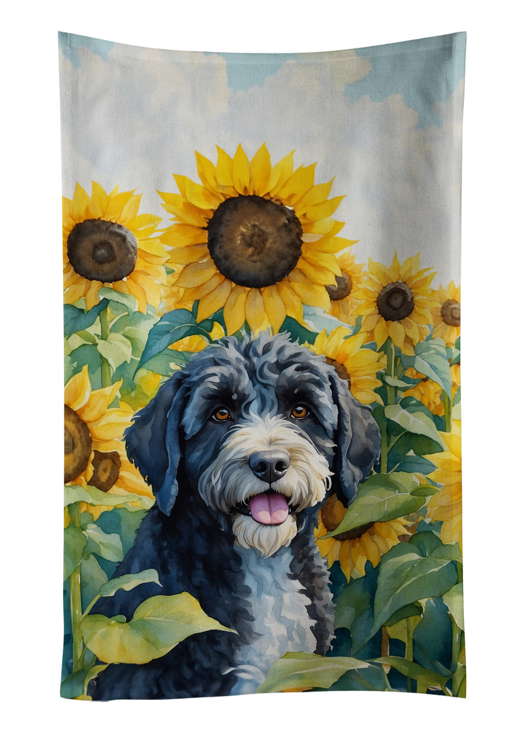 Portuguese Water Dog in Sunflowers Kitchen Towel Velour Plush Front and Cotton Loop Back Machine Washable