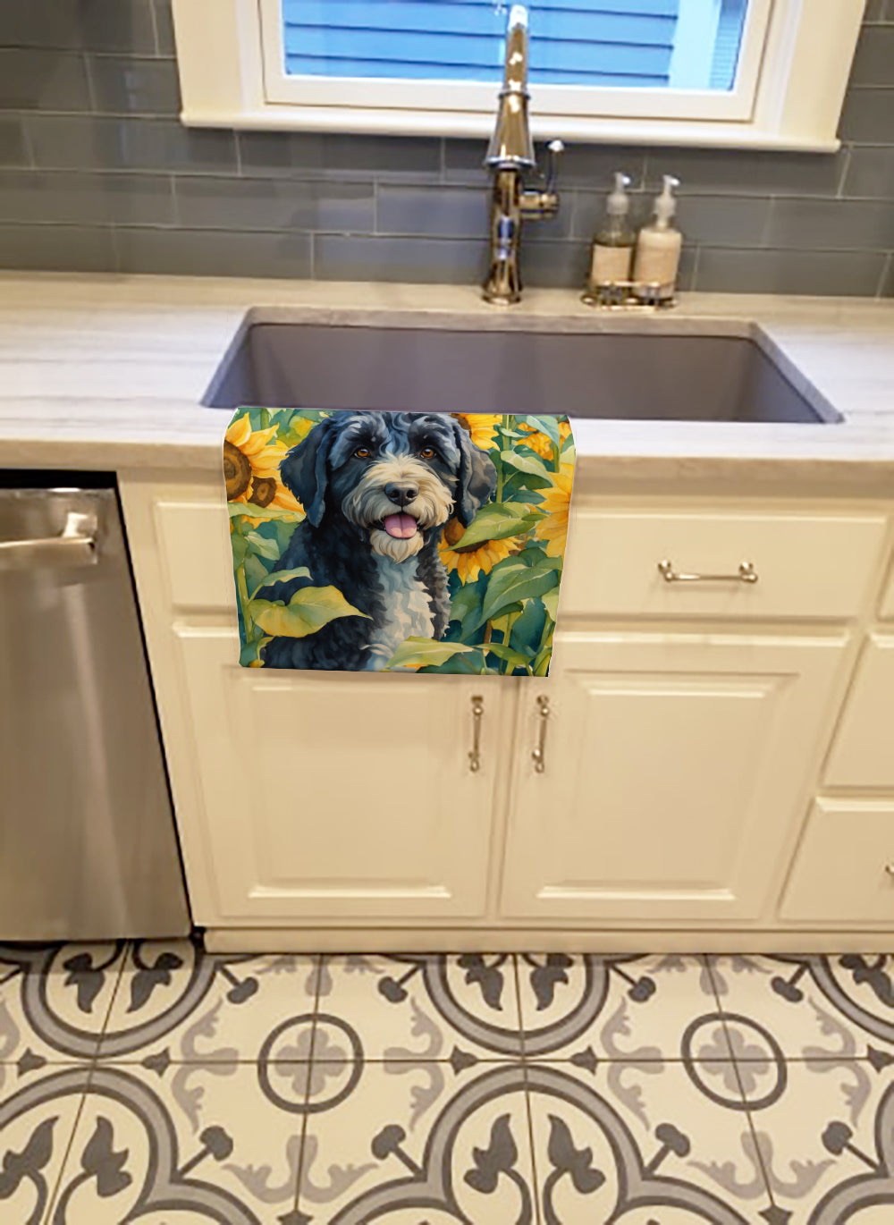 Portuguese Water Dog in Sunflowers Kitchen Towel Velour Plush Front and Cotton Loop Back Machine Washable
