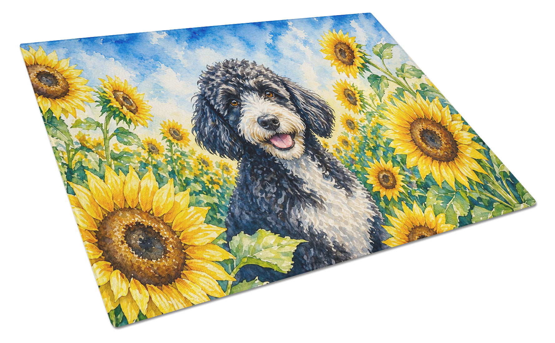 Portuguese Water Dog in Sunflowers Cutting Board Tempered Glass Kitchen Cutting Surface, Heat Resistant Chopping Board with Non-Slip Feet, Decorative Food Prep & Serving