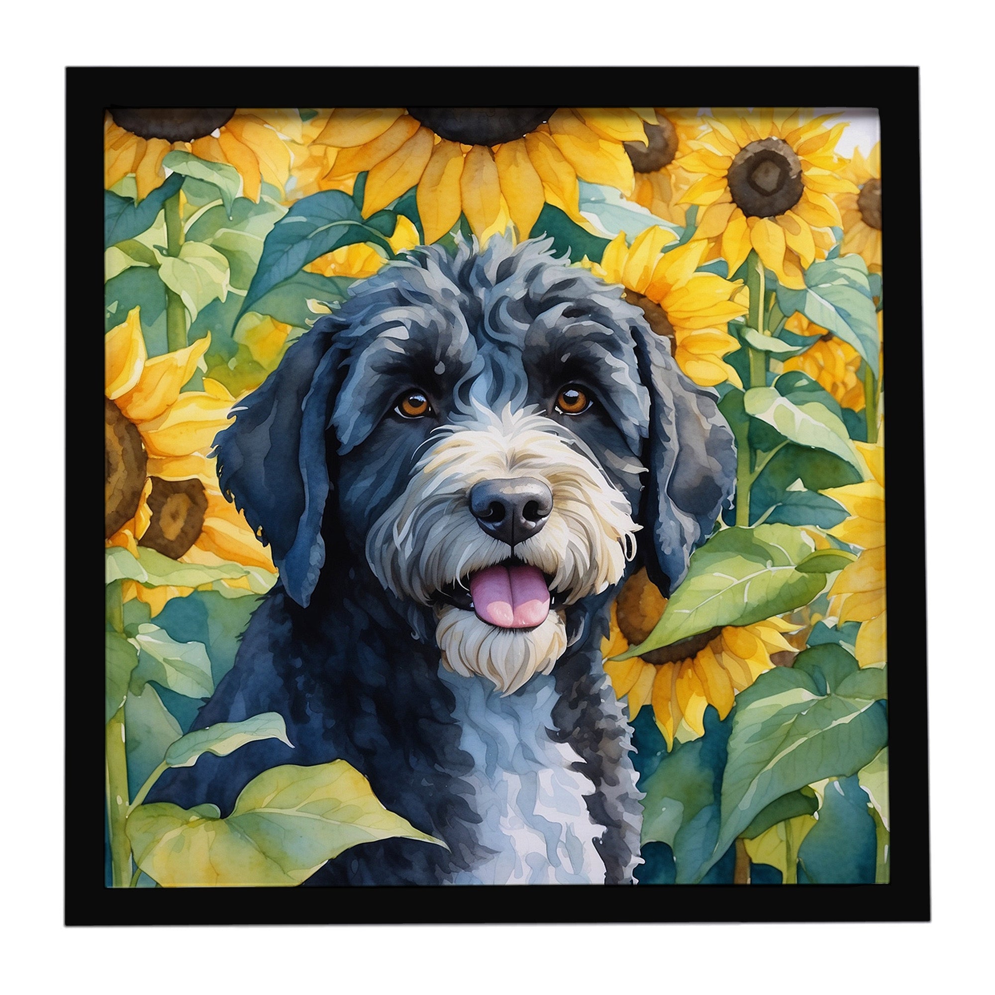Portuguese Water Dog in Sunflowers Framed Metal Print Bathroom, Kitchen, Office, Home Decor Wall Art Ready to Hang, Square, 8X8