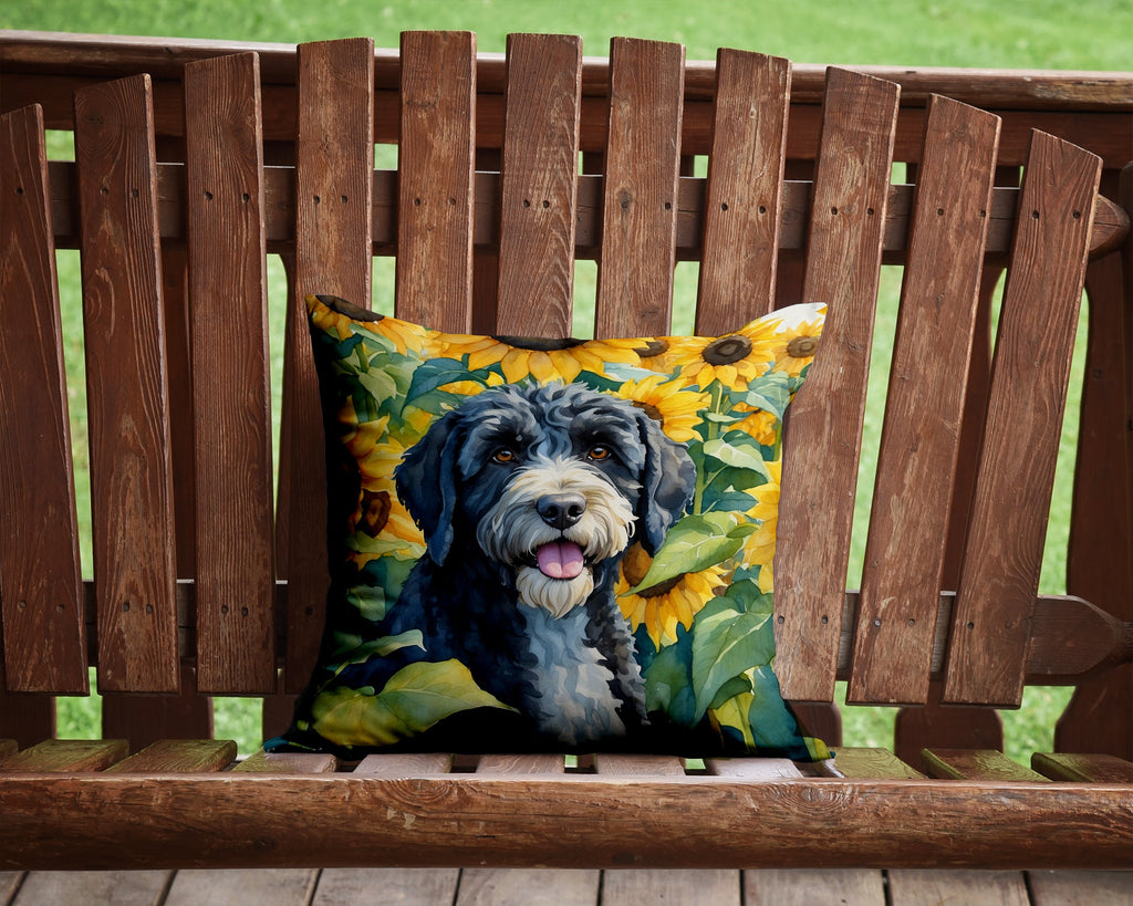 Portuguese Water Dog in Sunflowers Decorative Throw Pillow 14x14 Indoor Outdoor Accent Cushion, Fabric Cover with Insert for Sofa, Bed, Porch & Living Room