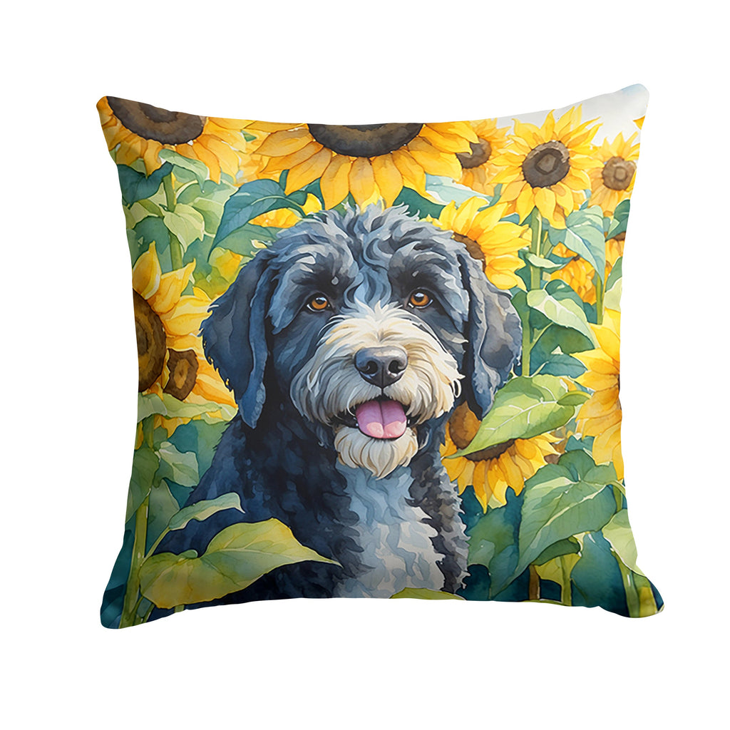 Portuguese Water Dog in Sunflowers Decorative Throw Pillow 18x18 Indoor Outdoor Accent Cushion, Fabric Cover with Insert for Sofa, Bed, Porch & Living Room