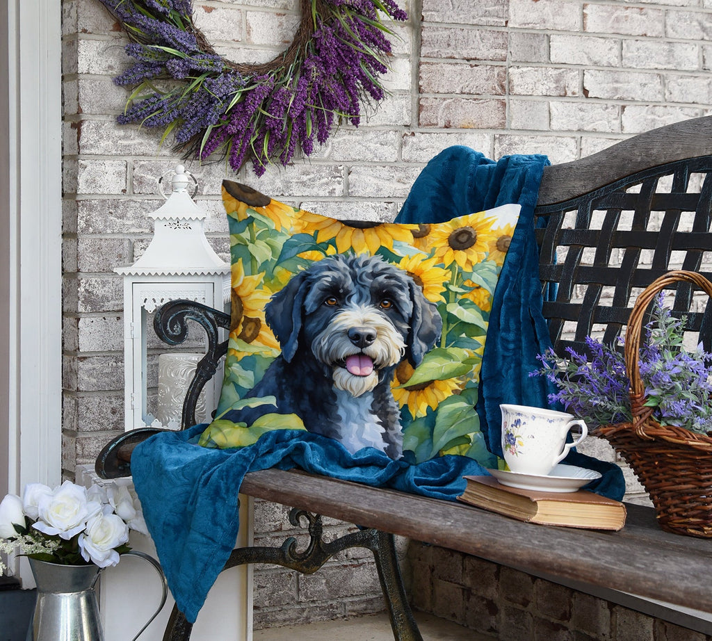 Portuguese Water Dog in Sunflowers Decorative Throw Pillow 18x18 Indoor Outdoor Accent Cushion, Fabric Cover with Insert for Sofa, Bed, Porch & Living Room