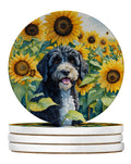 Portuguese Water Dog in Sunflowers Large Sandstone Coasters Pack of 4 Absorbent Round Coasters Decor Gifts for Men or Women, 4 in, Multicolor