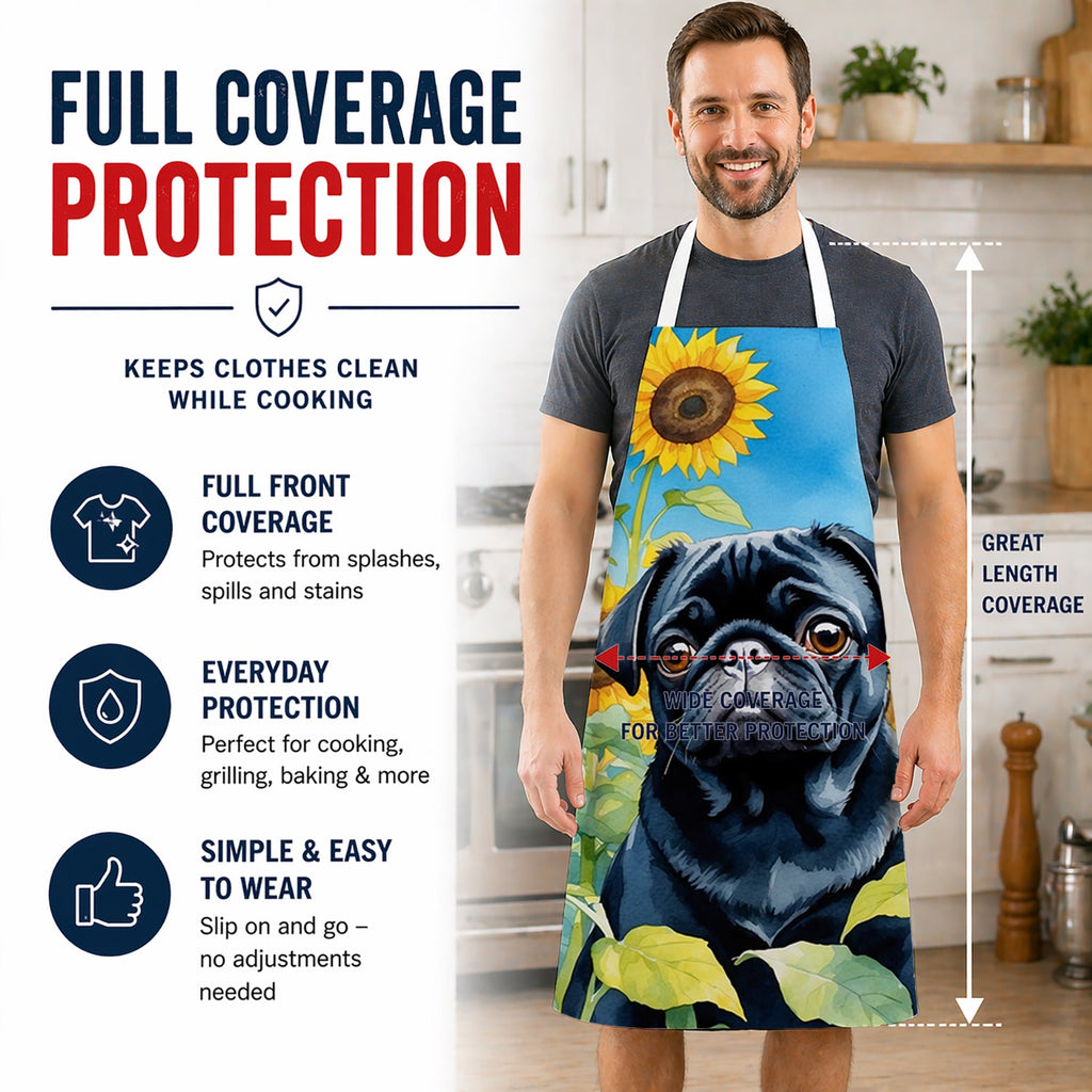 Pug in Sunflowers Apron Cooking Kitchen Server Baking Crafts Gardening for Adult Women Men, Unisex, Large, Multicolor