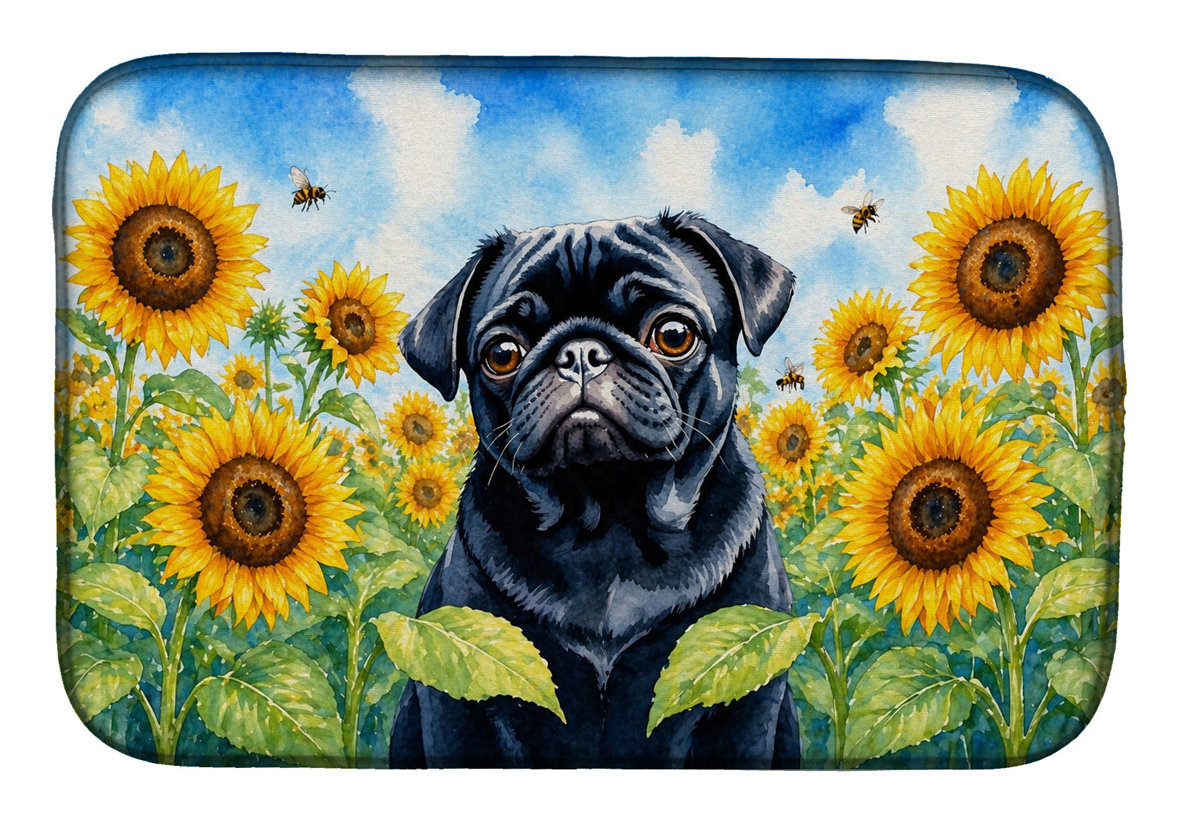 Pug in Sunflowers Dish Drying Mat Absorbent Dish Drying Mat Pad for Kitchen Counter Dish Drainer Mat for Countertop, 14 x 21", Multicolor