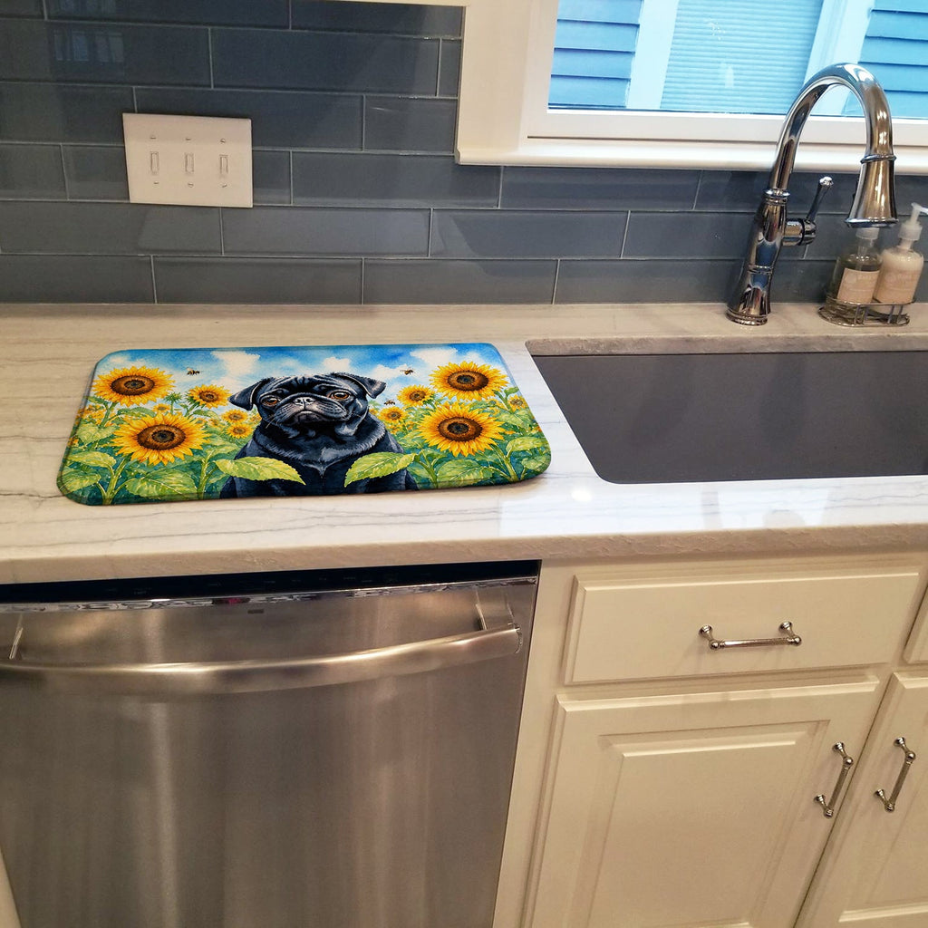 Pug in Sunflowers Dish Drying Mat Absorbent Dish Drying Mat Pad for Kitchen Counter Dish Drainer Mat for Countertop, 14 x 21", Multicolor