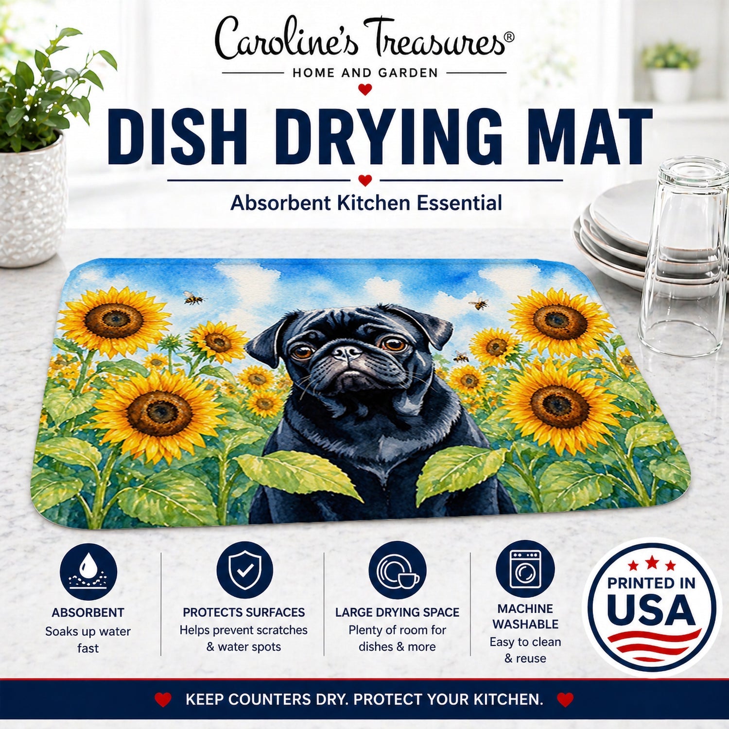 Pug in Sunflowers Dish Drying Mat Absorbent Dish Drying Mat Pad for Kitchen Counter Dish Drainer Mat for Countertop, 14 x 21", Multicolor