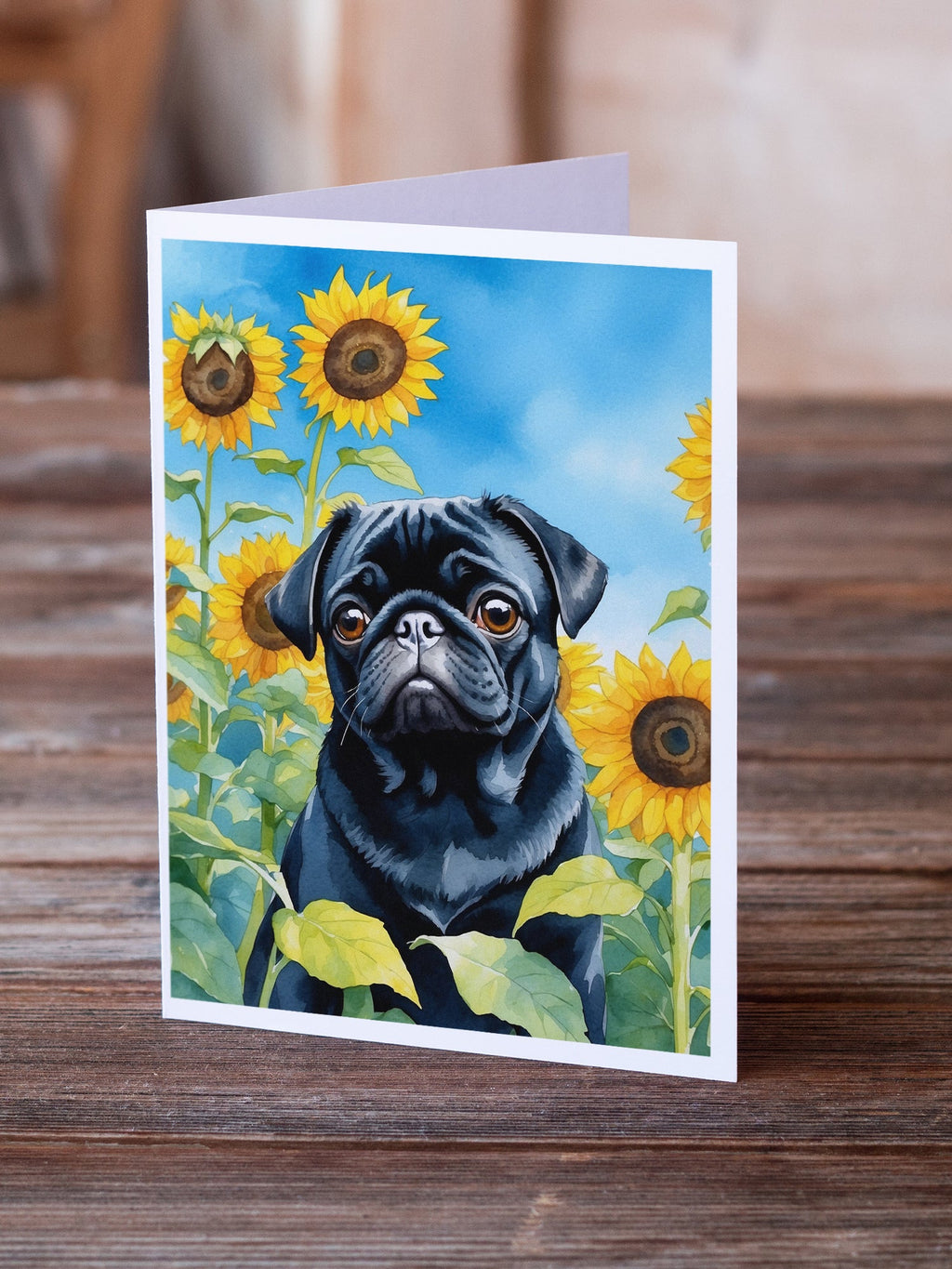 Pug in Sunflowers Greeting Cards Pack of 8 Blank Cards with Envelopes Whimsical A7 Size 5x7