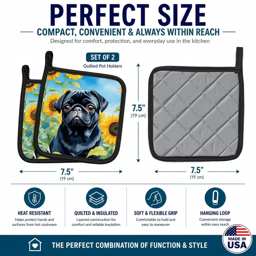 Pug in Sunflowers Pot Holder Set of 2 Heat Resistant Quilted Hot Pads 7.5 x 7.5 Inch, Insulated Kitchen Trivets for Cooking & Baking
