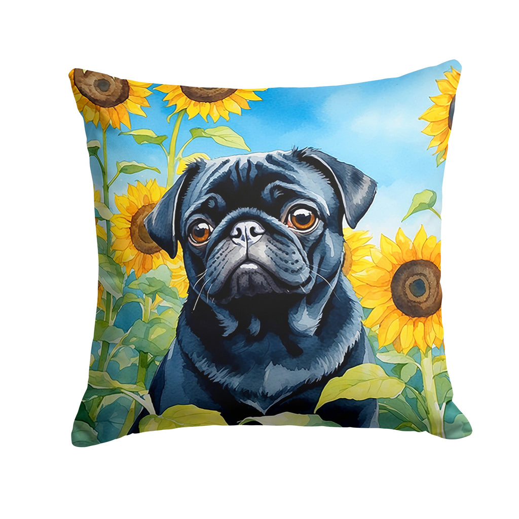 Pug in Sunflowers Decorative Throw Pillow 14x14 Indoor Outdoor Accent Cushion, Fabric Cover with Insert for Sofa, Bed, Porch & Living Room