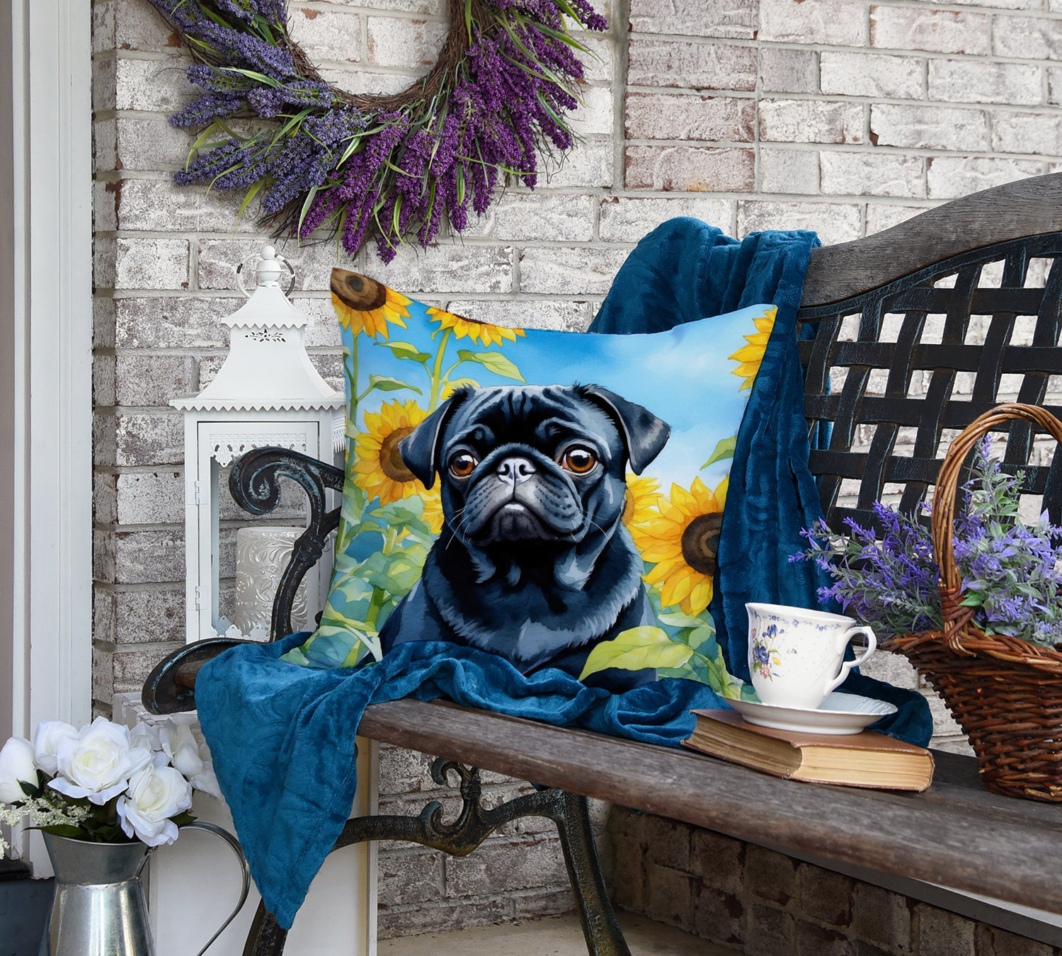 Pug in Sunflowers Decorative Throw Pillow 18x18 Indoor Outdoor Accent Cushion, Fabric Cover with Insert for Sofa, Bed, Porch & Living Room