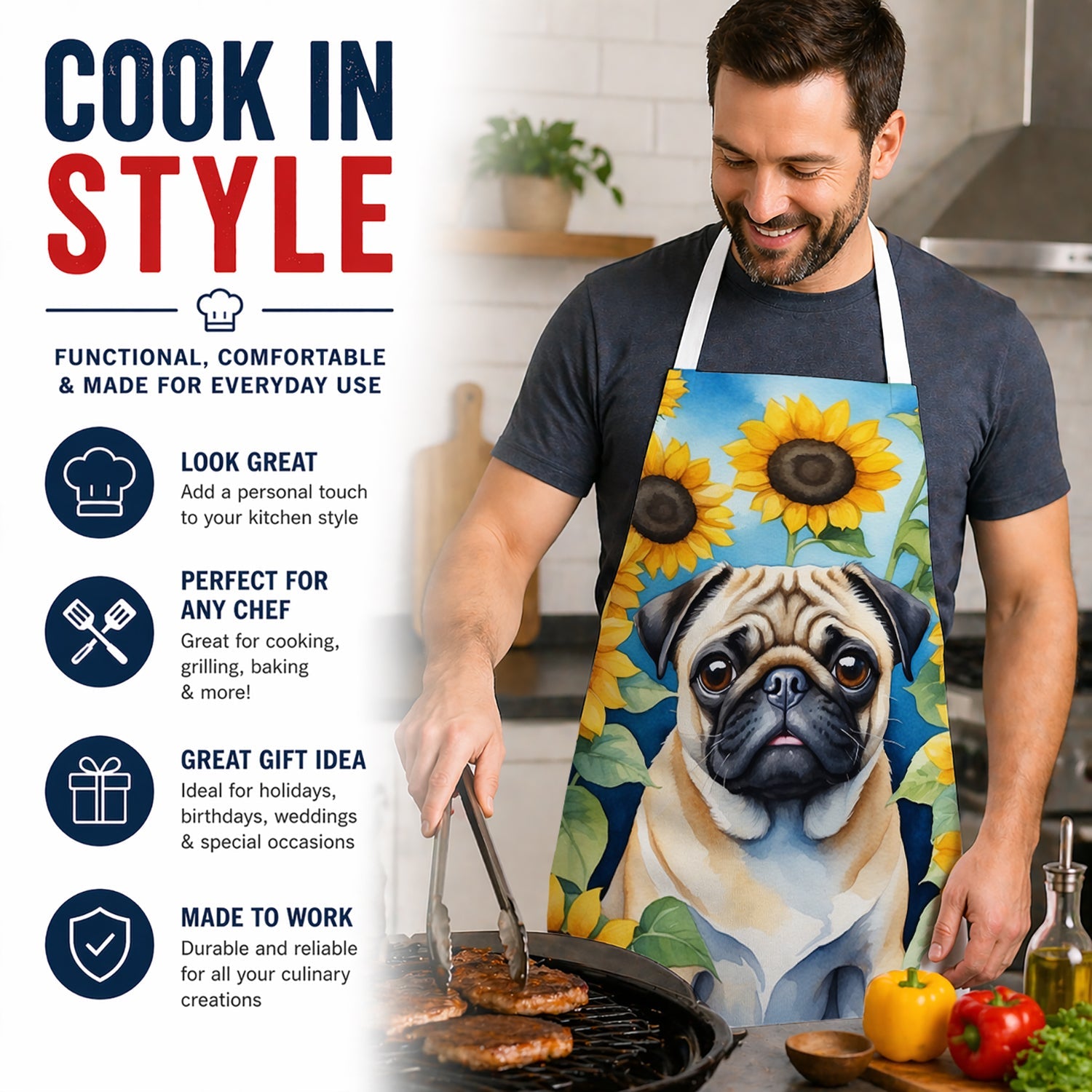 Pug in Sunflowers Apron Cooking Kitchen Server Baking Crafts Gardening for Adult Women Men, Unisex, Large, Multicolor