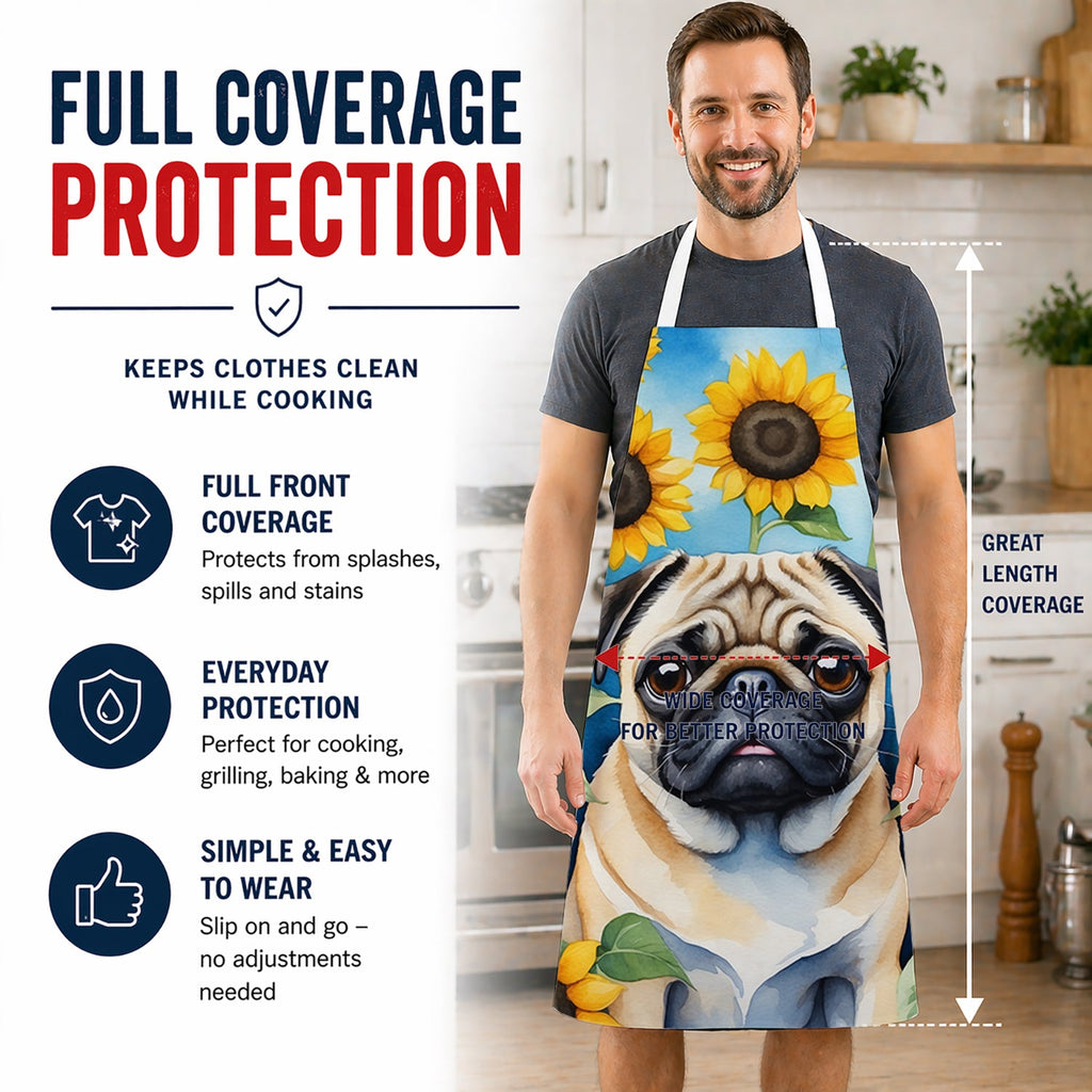 Pug in Sunflowers Apron Cooking Kitchen Server Baking Crafts Gardening for Adult Women Men, Unisex, Large, Multicolor