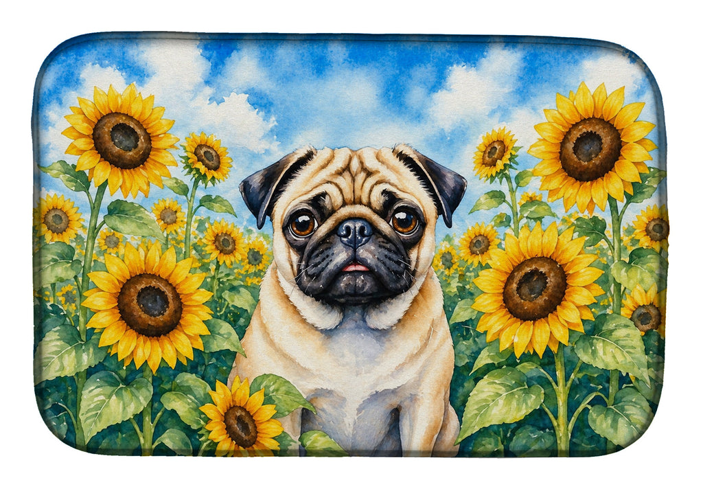 Pug in Sunflowers Dish Drying Mat Absorbent Dish Drying Mat Pad for Kitchen Counter Dish Drainer Mat for Countertop, 14 x 21", Multicolor