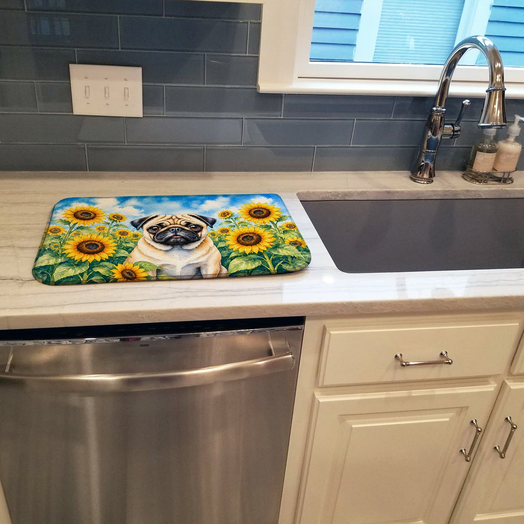 Pug in Sunflowers Dish Drying Mat Absorbent Dish Drying Mat Pad for Kitchen Counter Dish Drainer Mat for Countertop, 14 x 21", Multicolor
