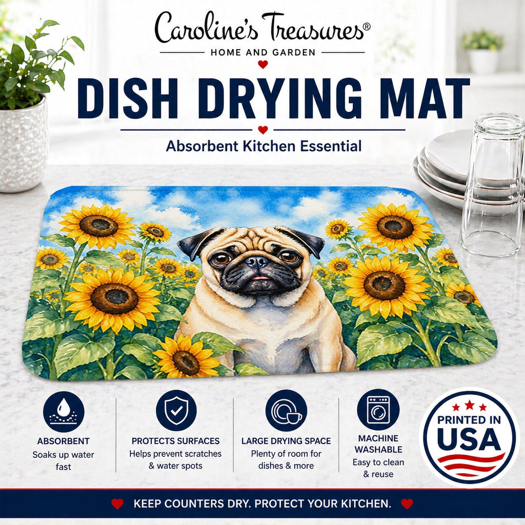 Pug in Sunflowers Dish Drying Mat Absorbent Dish Drying Mat Pad for Kitchen Counter Dish Drainer Mat for Countertop, 14 x 21", Multicolor