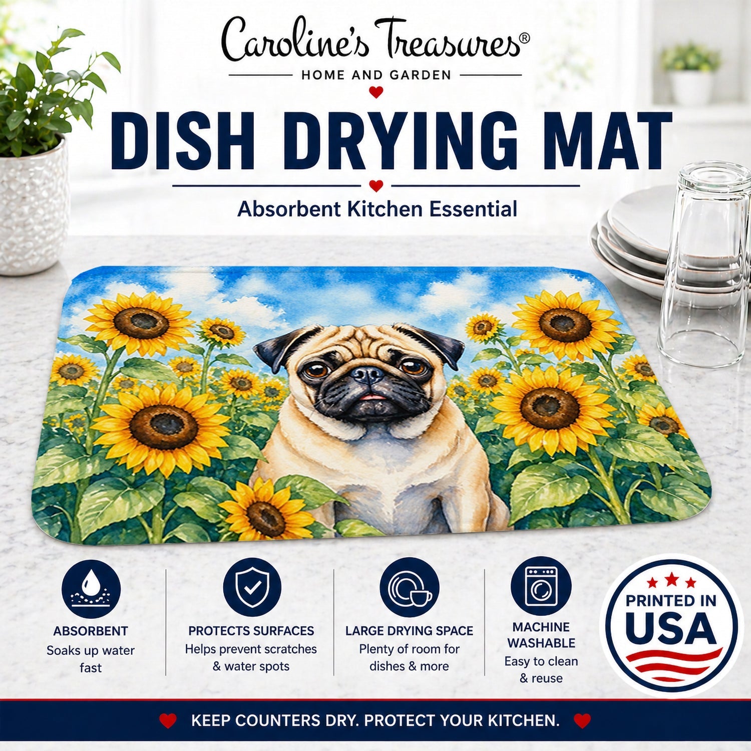 Pug in Sunflowers Dish Drying Mat Absorbent Dish Drying Mat Pad for Kitchen Counter Dish Drainer Mat for Countertop, 14 x 21", Multicolor